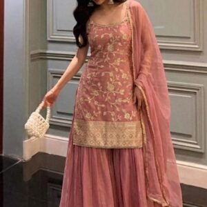Soft dusty pink sharara suit with golden floral…